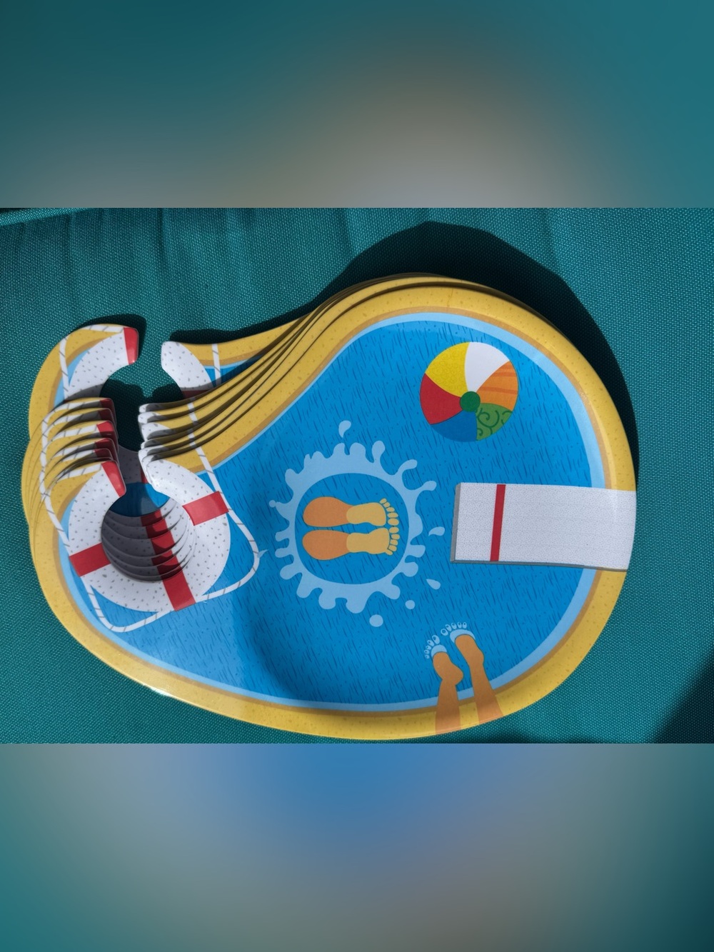 Blue Beach Pool Float Party Outdoor 8 Plates - Yellow Rim w/ wine glass holder